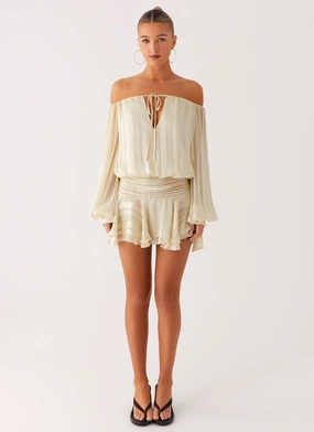 Eira Balloon Sleeve Mini Dress - Ivory Chic Tailoring Waist