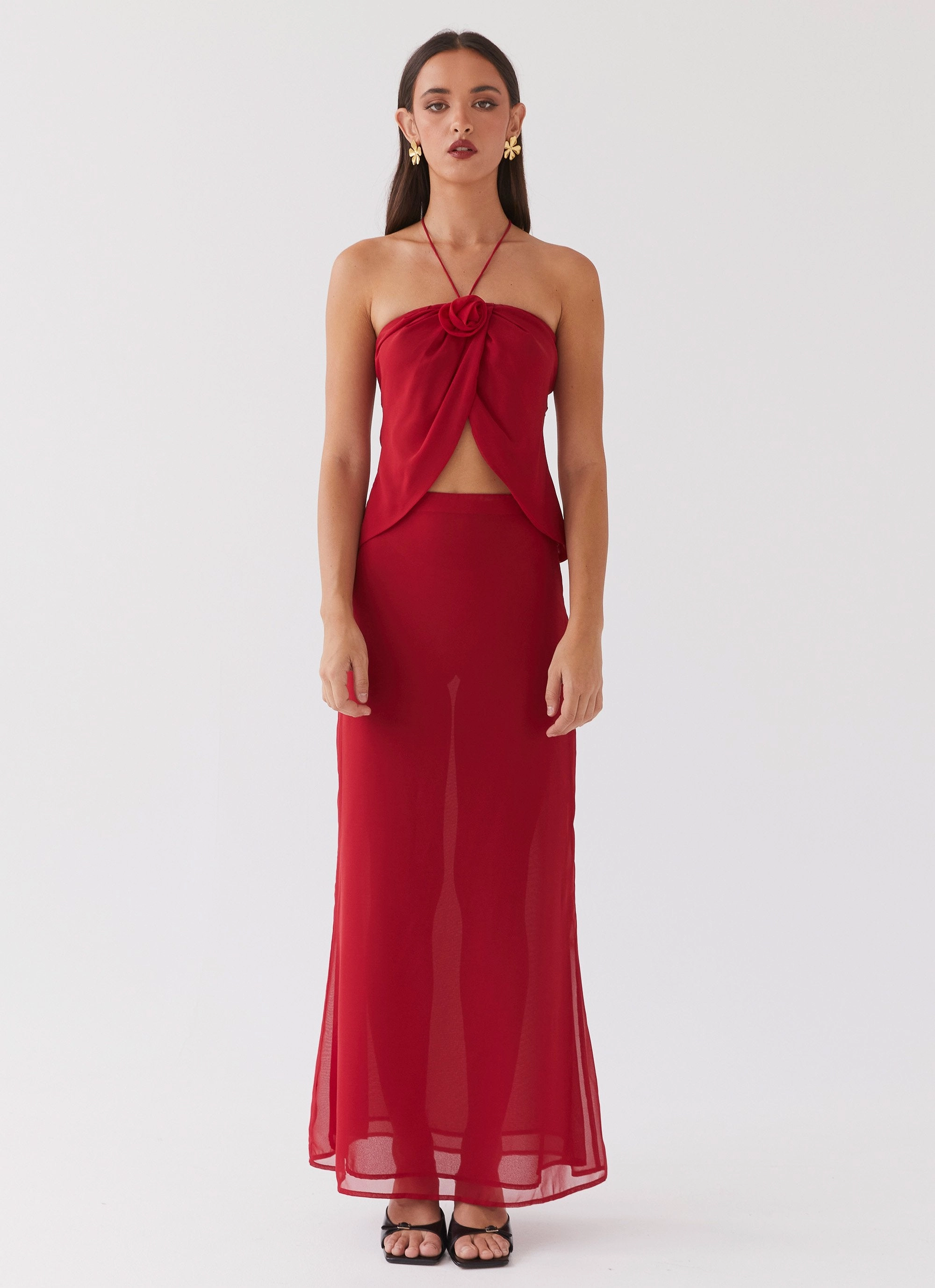 Nightfall Maxi Skirt - Rouge Red Nylon Shell Construction