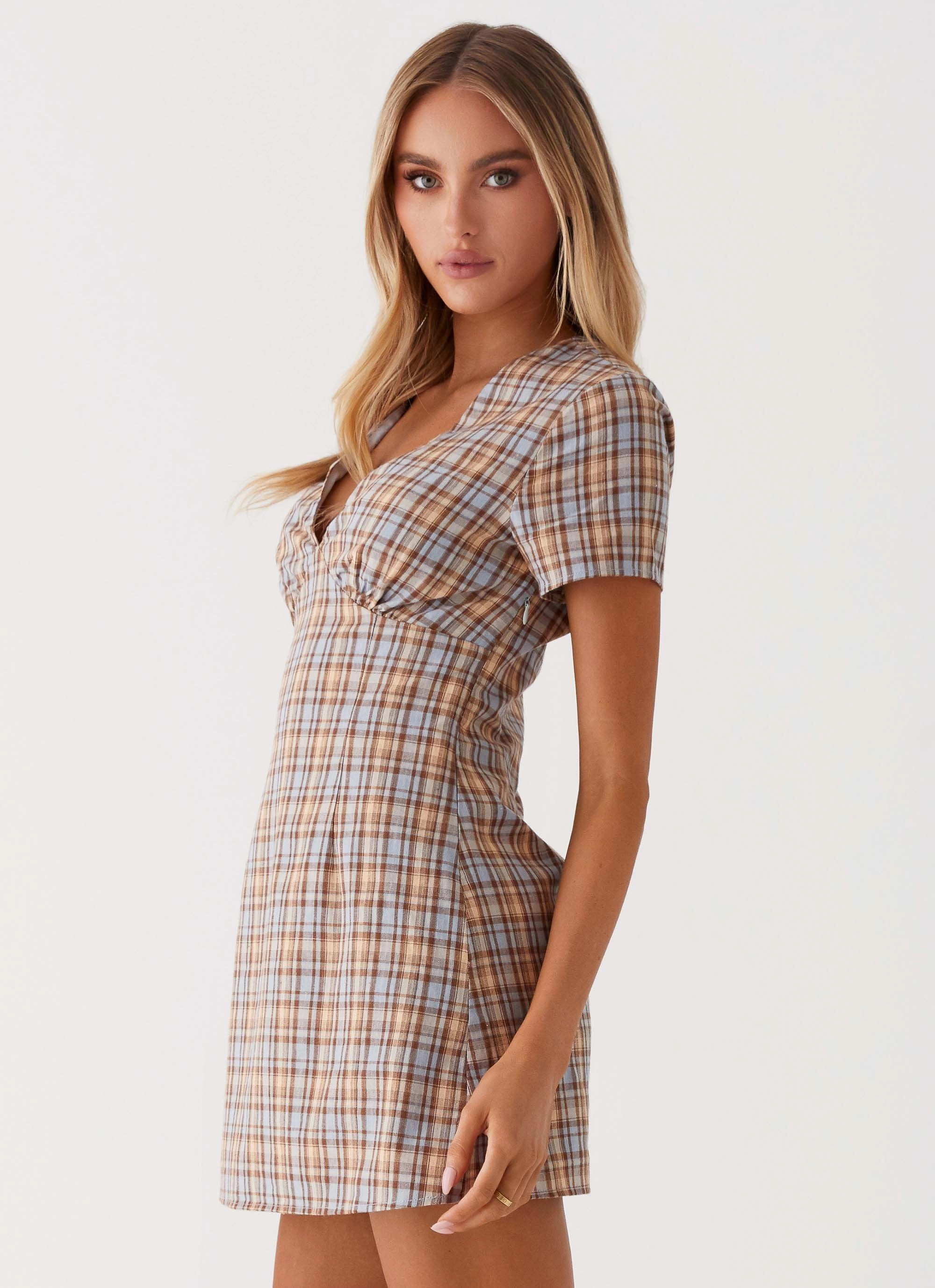 Statement-Print Body Flow Niki Cap Sleeve Mini Dress - Check