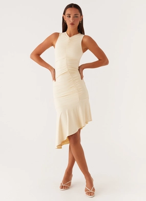 Niya Ruched Midi Dress - Pastel Yellow London Edge Layered Style