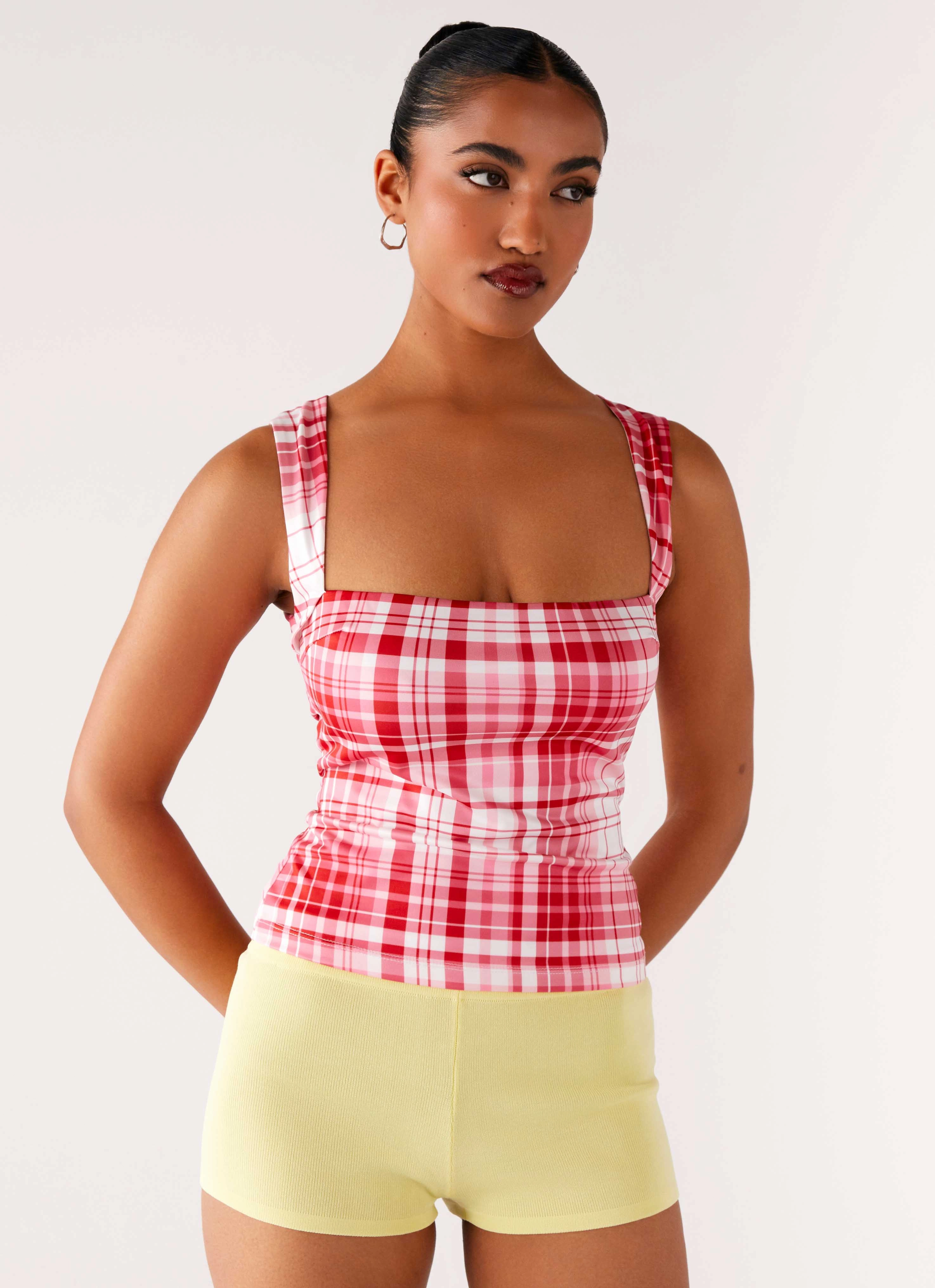 No Drama Strap Top - Pink Check LightweightLayeredFabric BambooBlend