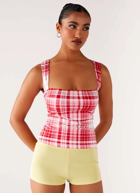 No Drama Strap Top - Pink Check LightweightLayeredFabric BambooBlend