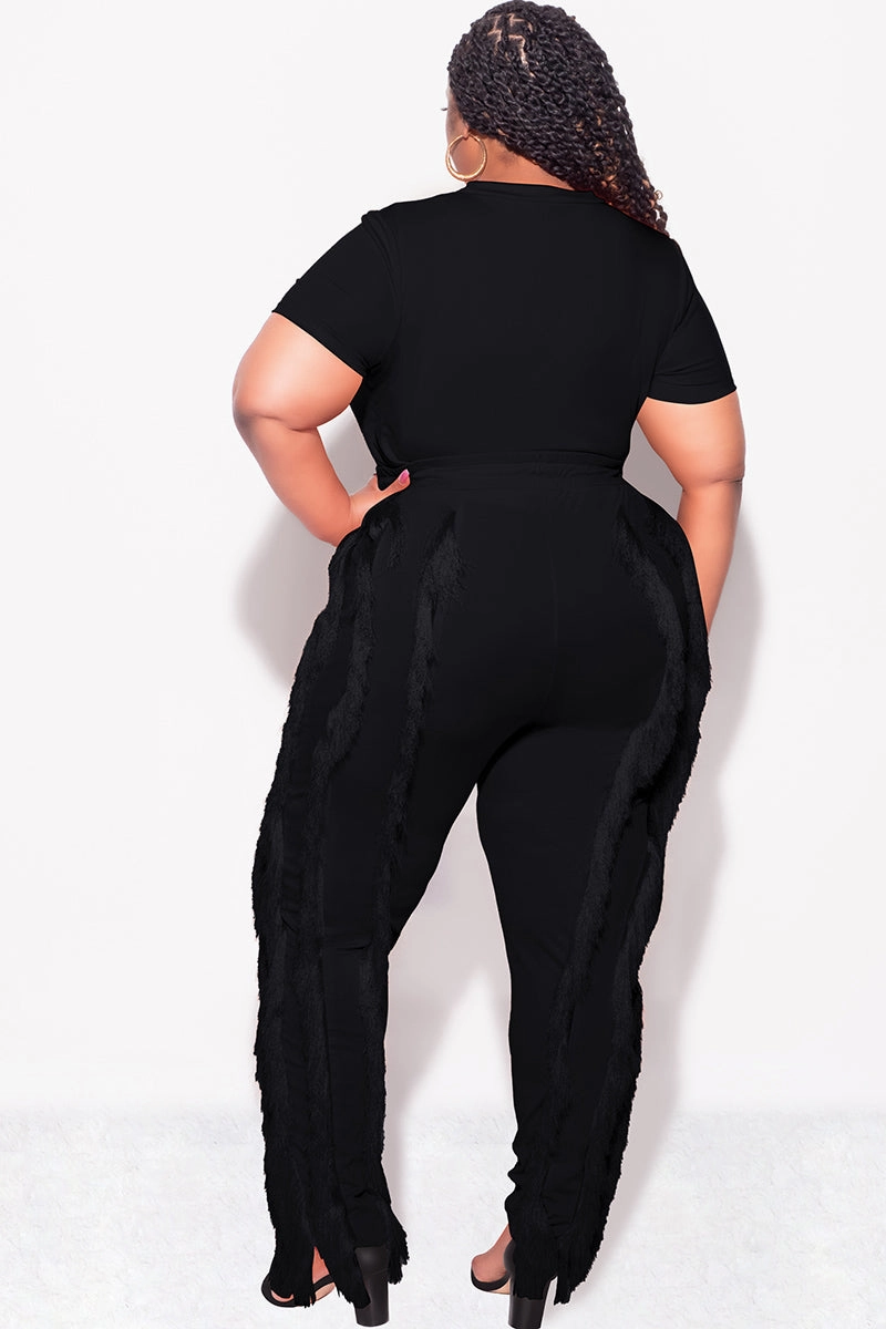 Neutral Shade Final Sale Plus Size 2pc Tassel Pant Set in Black