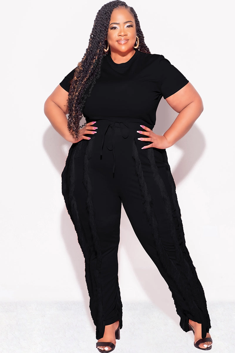 Final Sale Plus Size 2pc Tassel Pant Set in Black Gripper Waistband