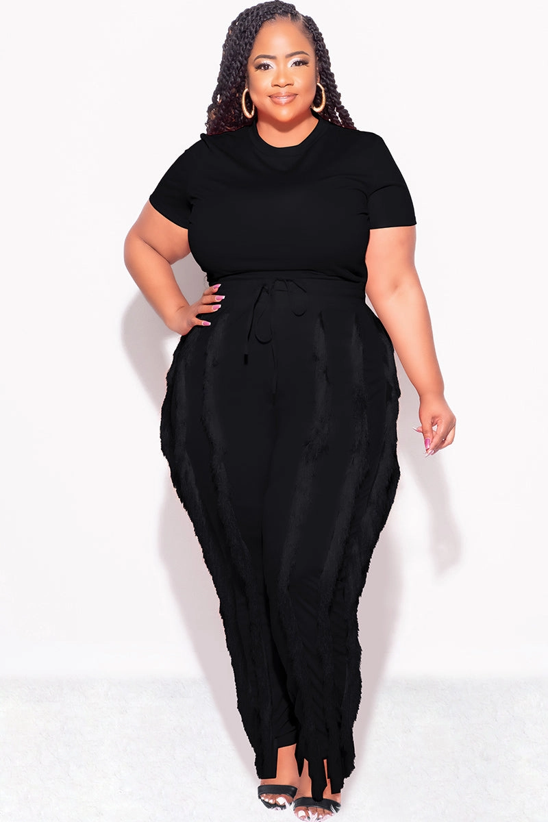 Final Sale Plus Size 2pc Tassel Pant Set in Black Zip-off legs