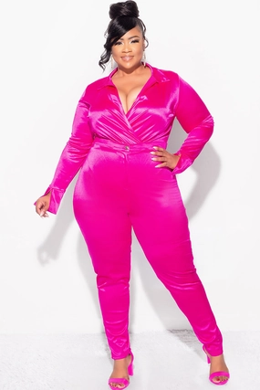 Final Sale Plus Size 2-Piece Satin Collared Faux Wrap Bodysuit and Pants Set in Fuchsia Breathable mesh design