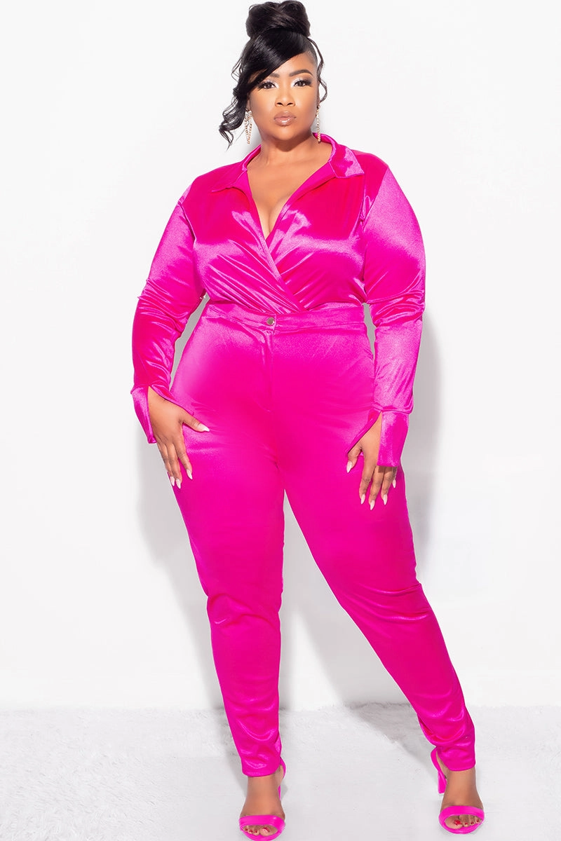Final Sale Plus Size 2-Piece Satin Collared Faux Wrap Bodysuit and Pants Set in Fuchsia Comfortable Fit Wear Flex Fit Design