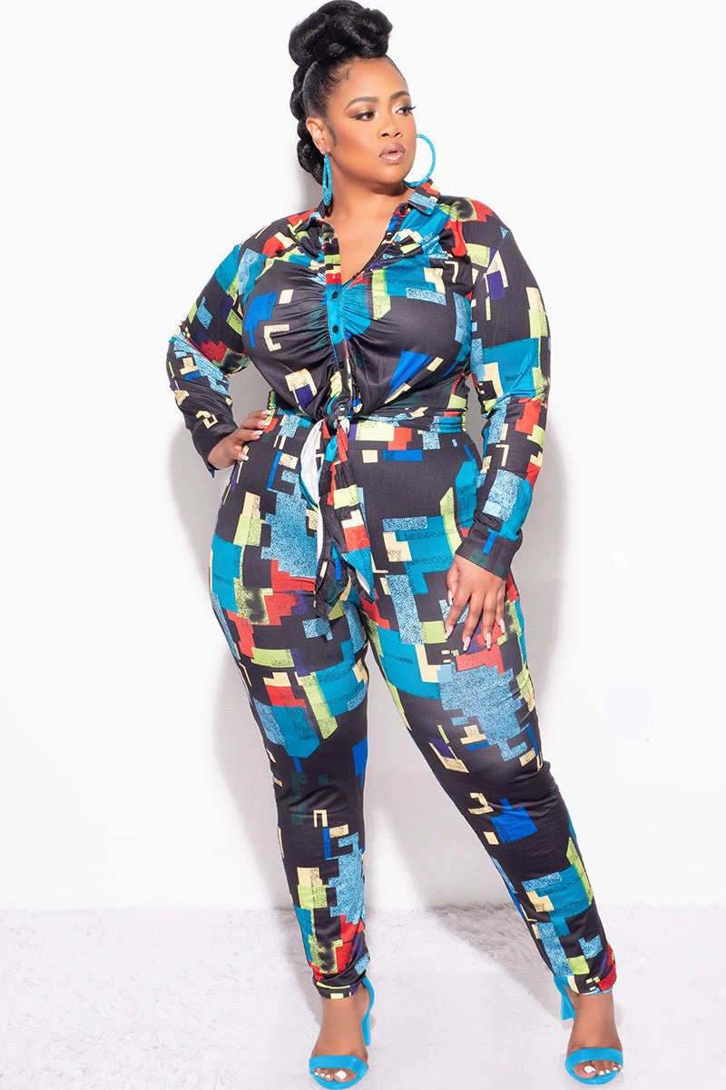 Relaxed Style Final Sale Plus Size 2pc Button Up Collar Top and Pants Set in Black Multi-Color Print