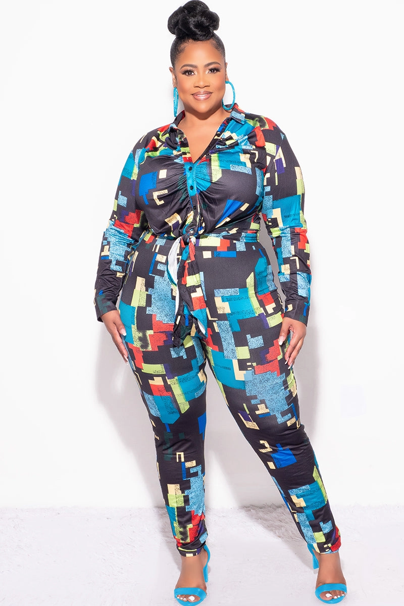 Final Sale Plus Size 2pc Button Up Collar Top and Pants Set in Black Multi-Color Print Tough Materials UVProtectiveLayer