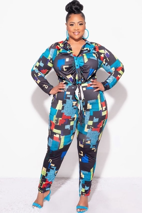 Final Sale Plus Size 2pc Button Up Collar Top and Pants Set in Black Multi-Color Print Active Design Wear