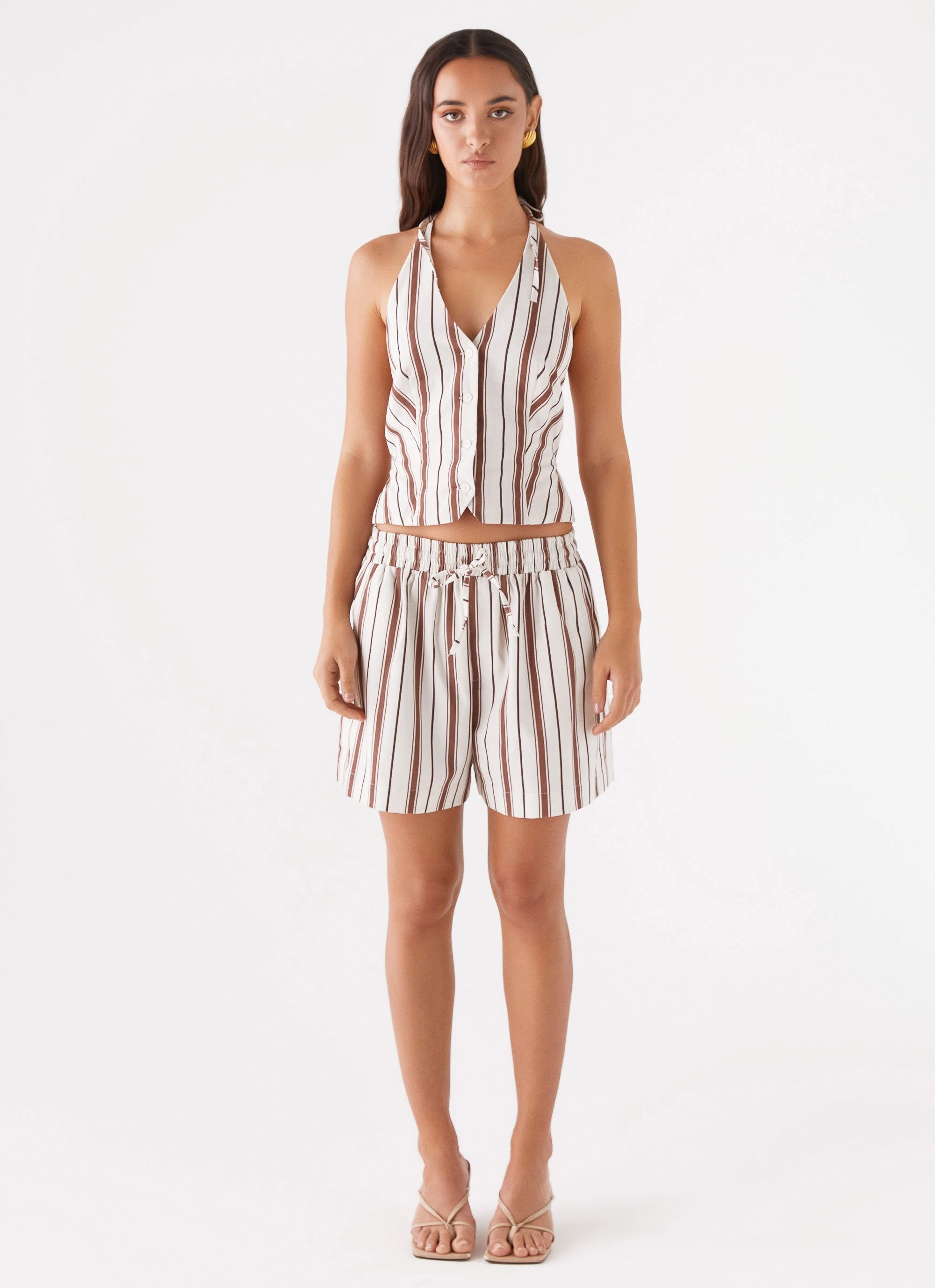 Kristen Linen Drawstring Shorts - Brown Stripe Office Friendly
