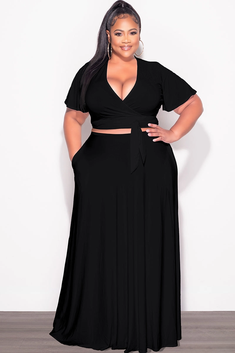 Final Sale Plus Size 2pc Short Sleeve Crop Tie Top and Skirt Set in Black Effortless Look Chilly Weather Wear