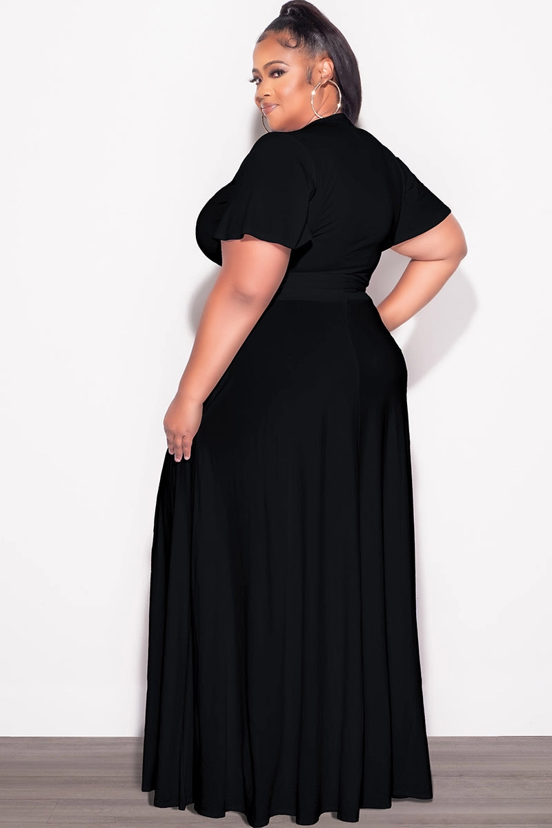 Final Sale Plus Size 2pc Short Sleeve Crop Tie Top and Skirt Set in Black Fade Resistant Dye Quick Fit Design