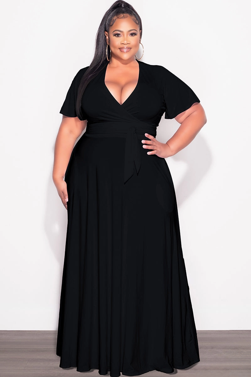 Final Sale Plus Size 2pc Short Sleeve Crop Tie Top and Skirt Set in Black Fitted waist