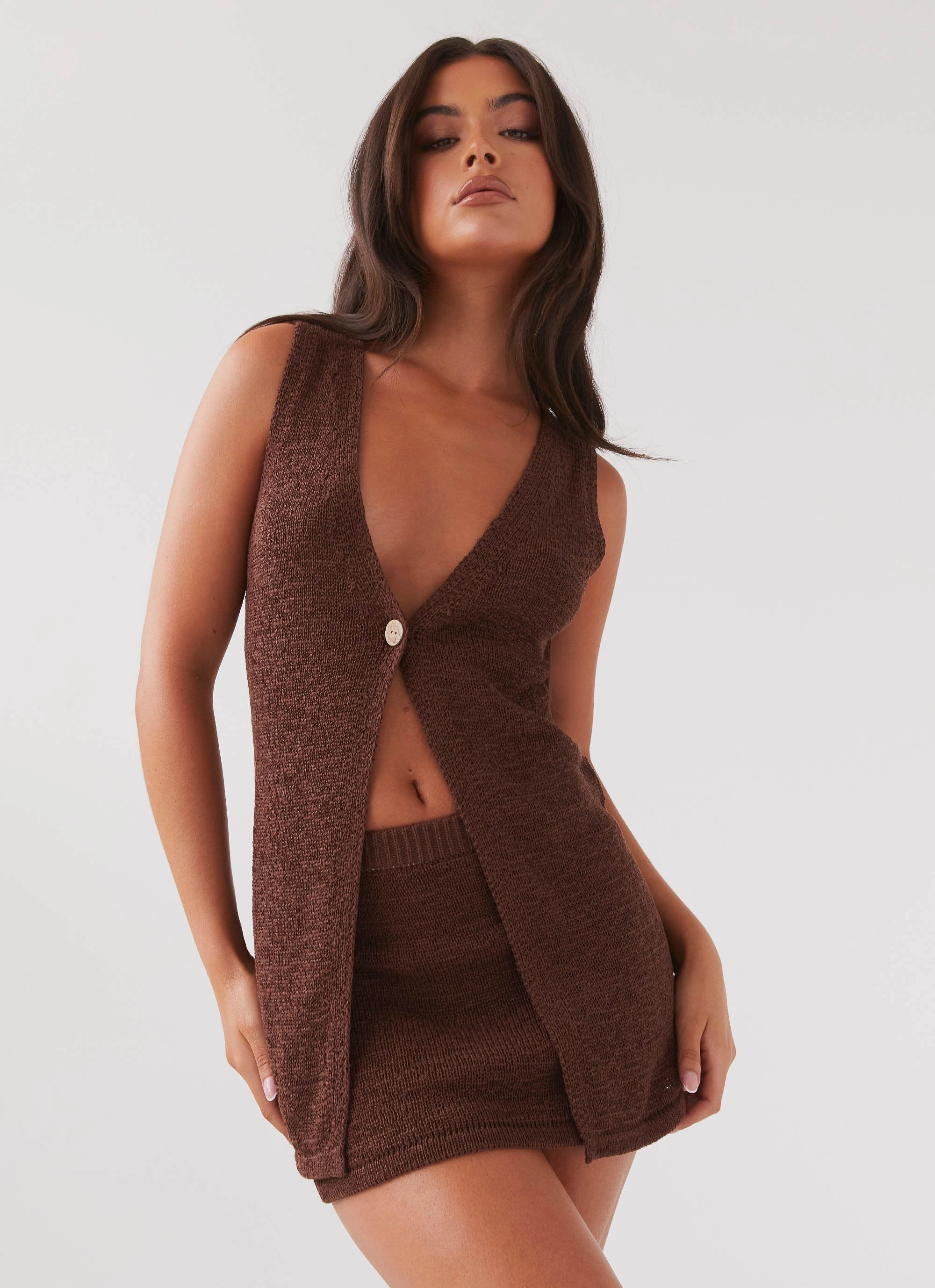 Elasticated Hem Capri Glow Knit Top - Chocolate