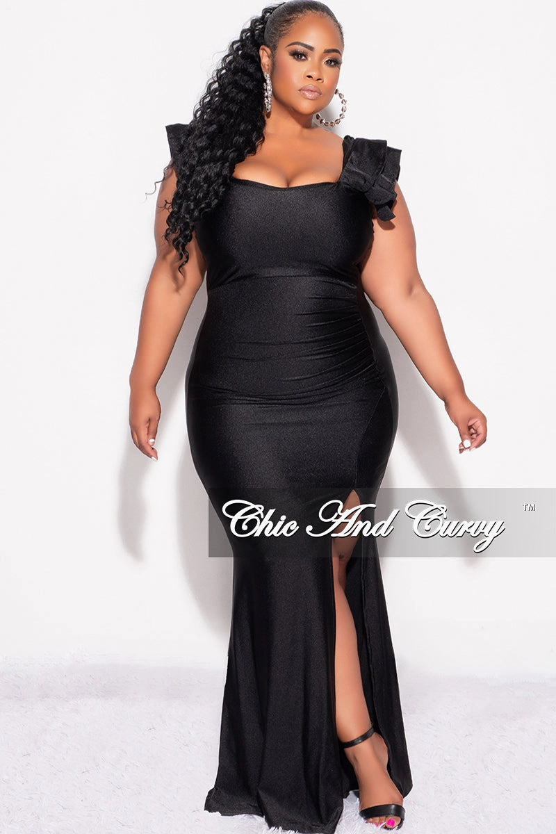 Final Sale Plus Size Shiny Faux Wrap Gown with Slit and Ruffle Layer Sleeves in Black Curved Hem TumbleDryFriendlyMaterial