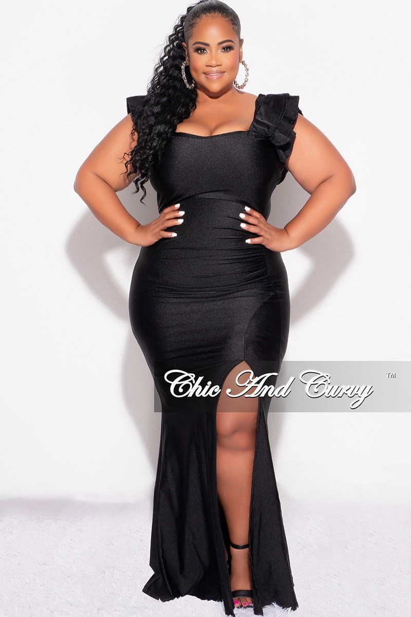 Minimalist Styling Final Sale Plus Size Shiny Faux Wrap Gown with Slit and Ruffle Layer Sleeves in Black