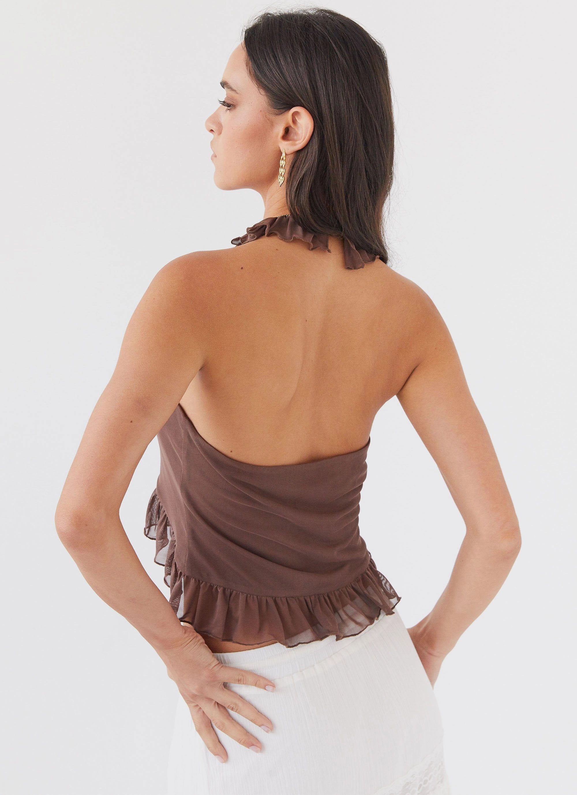 Tanya Mesh Frill Top - Chocolate AbrasionResistant Surface