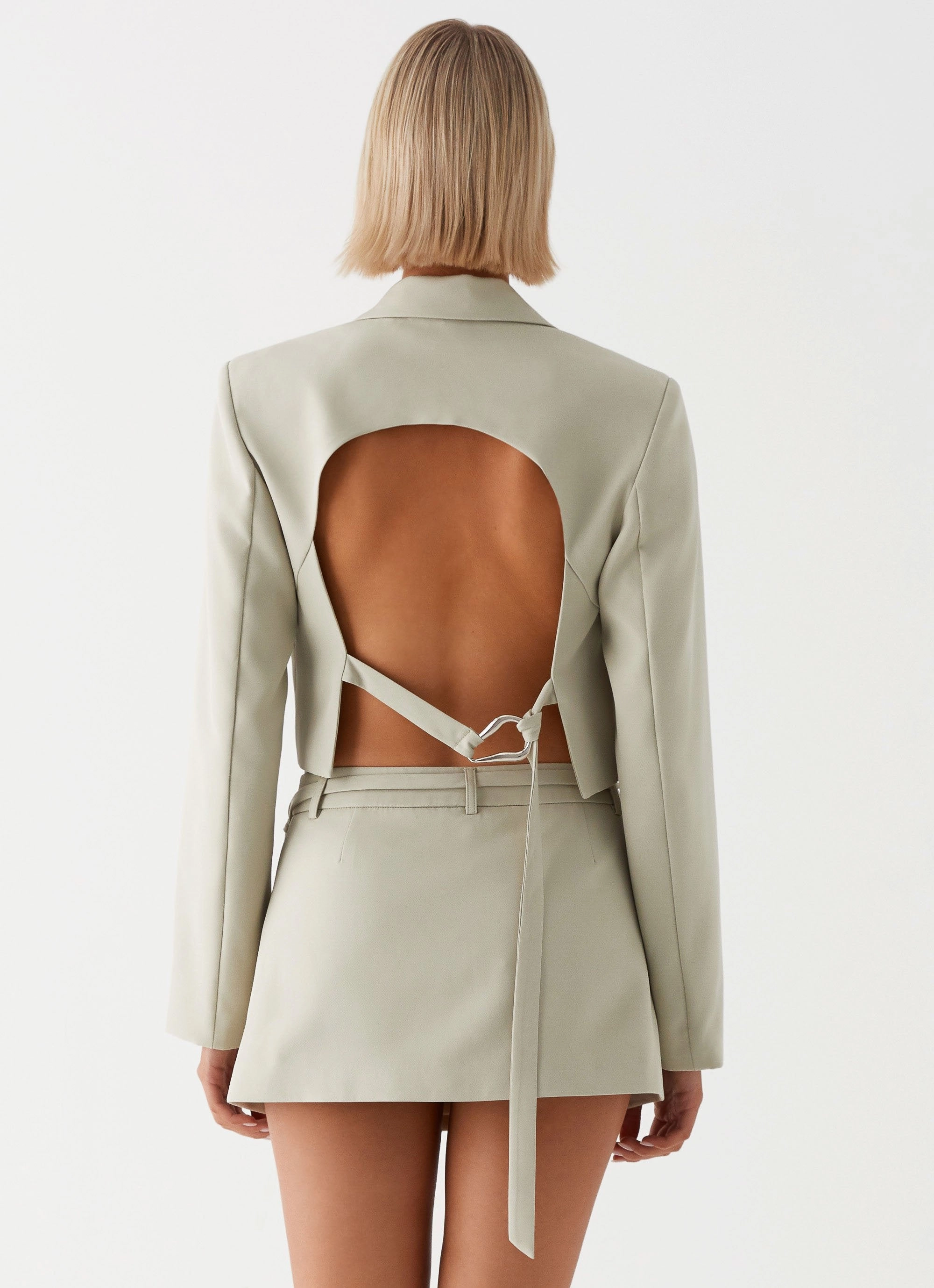 Smooth Glide Fasteners Chill Weather Olea Open Back Cropped Blazer - Sage
