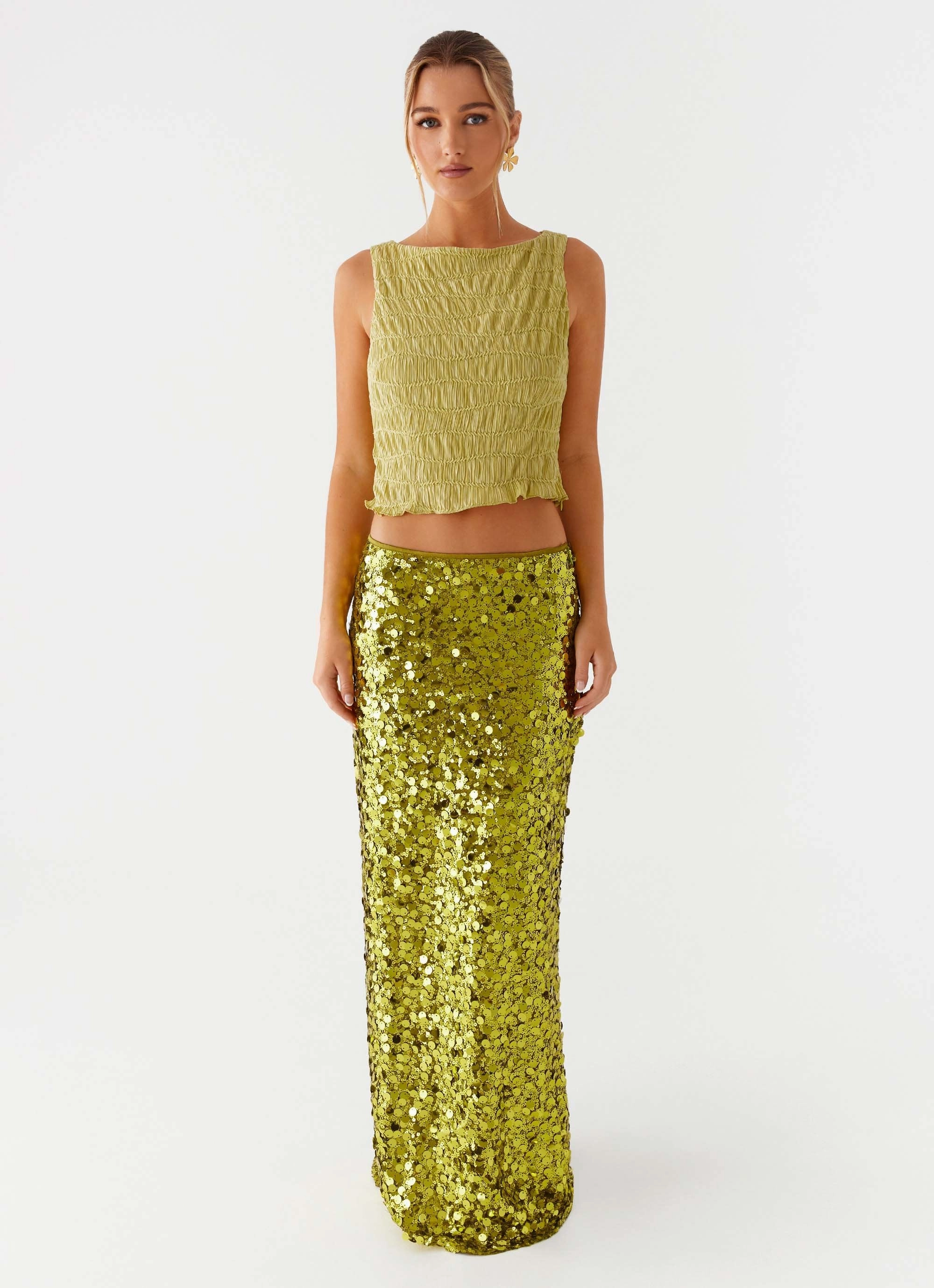 Flexible Knees Durable Hem Perfect Places Low Rise Sequin Maxi Skirt - Olive