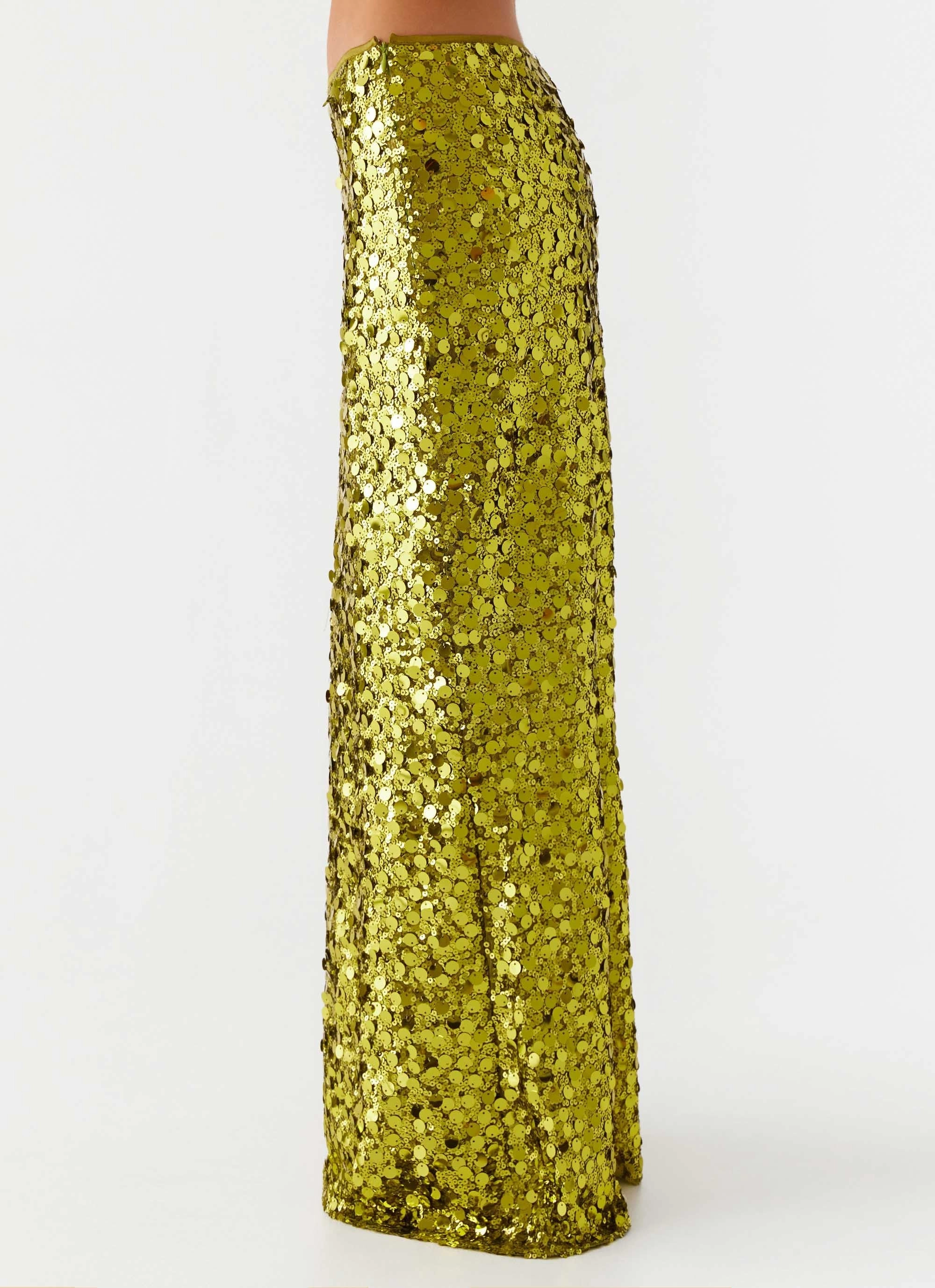 Versatile Look Perfect Places Low Rise Sequin Maxi Skirt - Olive