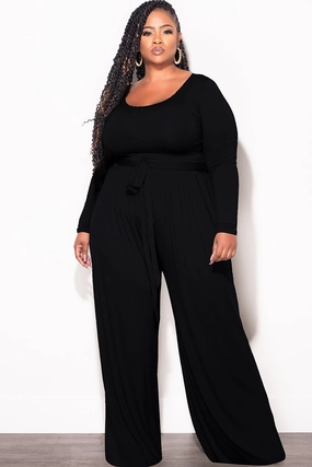 Full Coverage Durable Activewear Final Sale Plus Size 2pc Crop Top and Palazzo Pant Set in Black