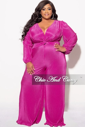 Final Sale Plus Size V-Neck Pleated Jumpsuit in Magenta High Visibility Trim