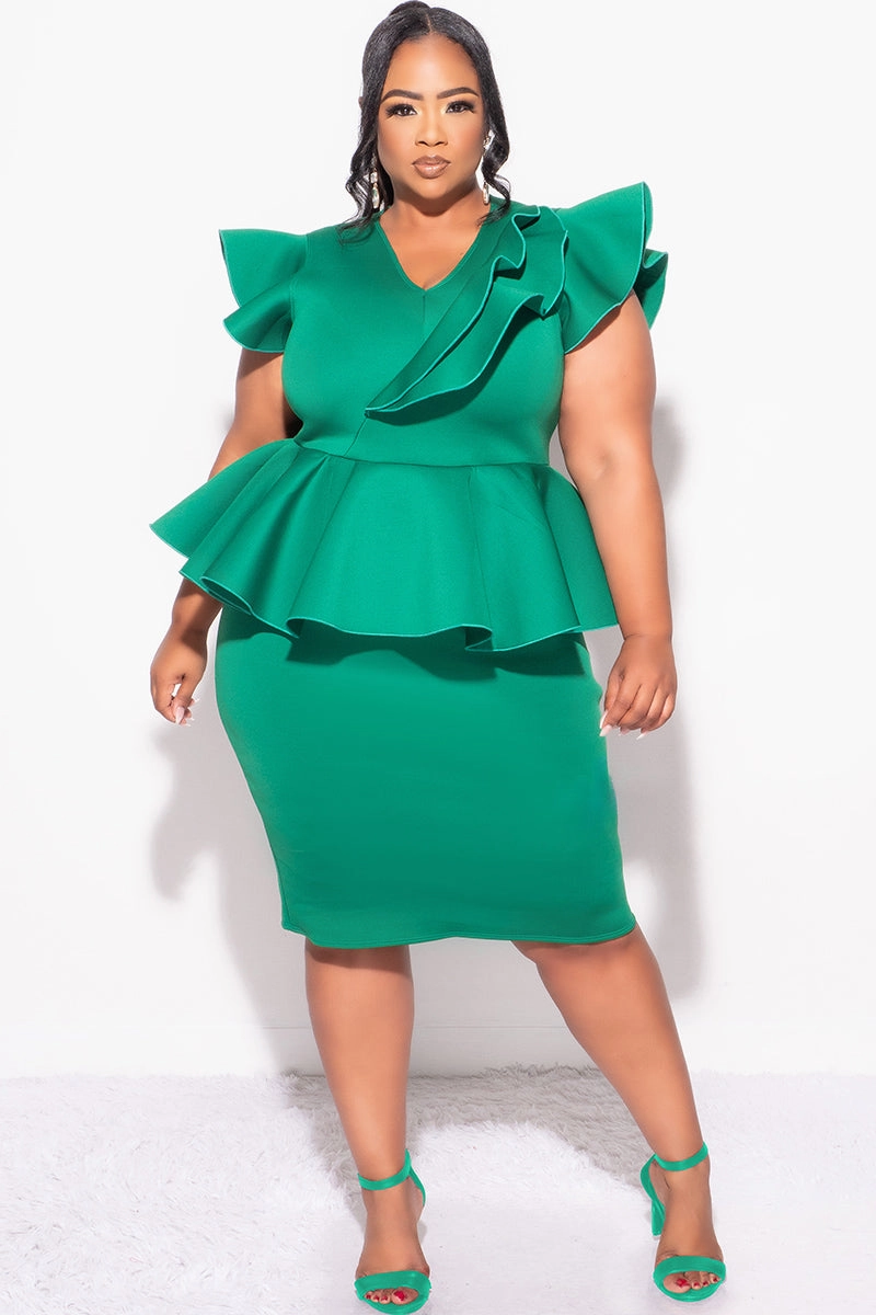 Final Plus Size Ruffle Peplum BodyCon Dress in Green Scuba Ventilated Back Panel Comfy Style