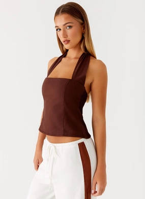 Sunflare Linen Halter Top - Chocolate Non Restrictive Collar