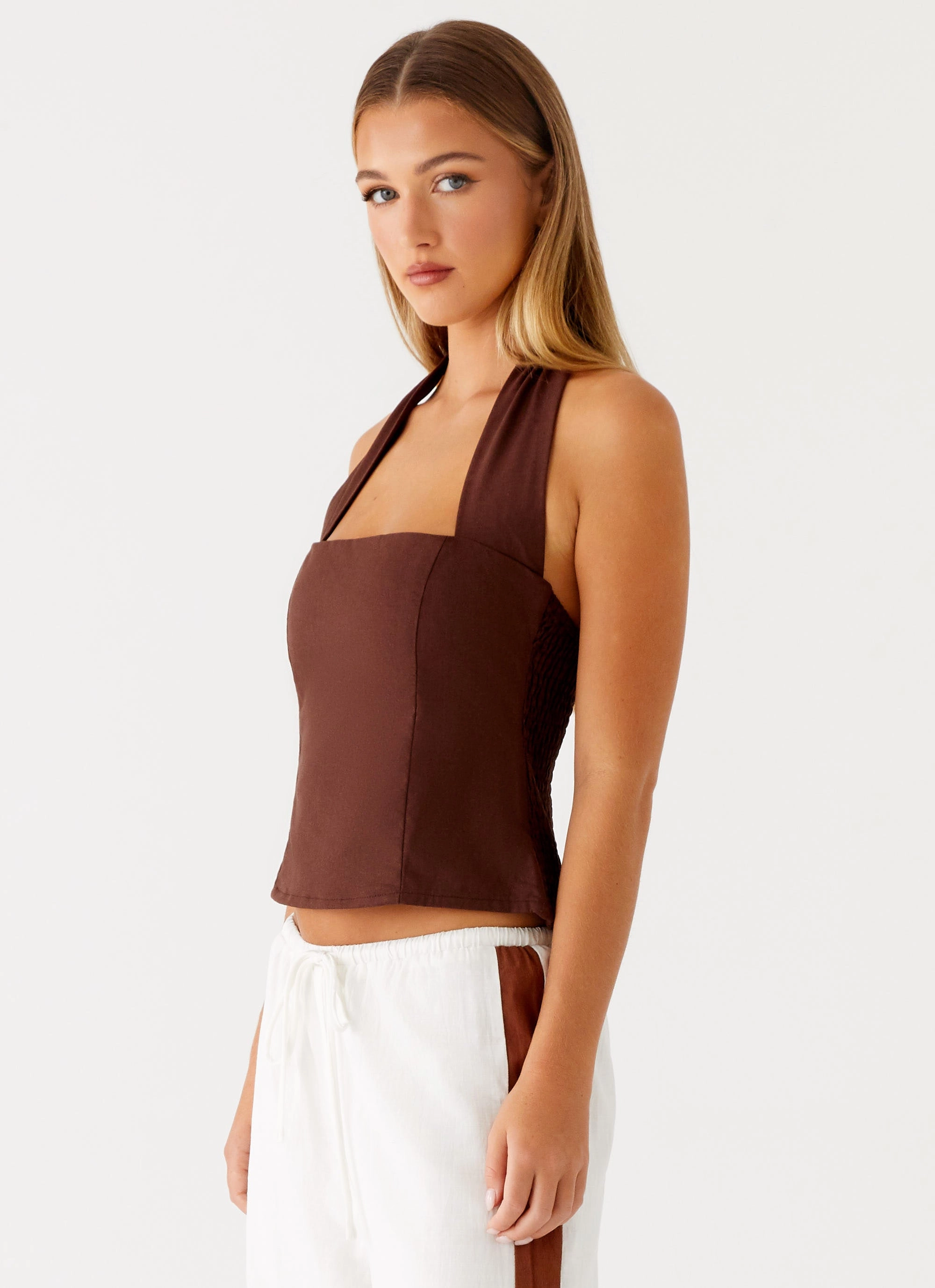 Ethical production Sunflare Linen Halter Top - Chocolate