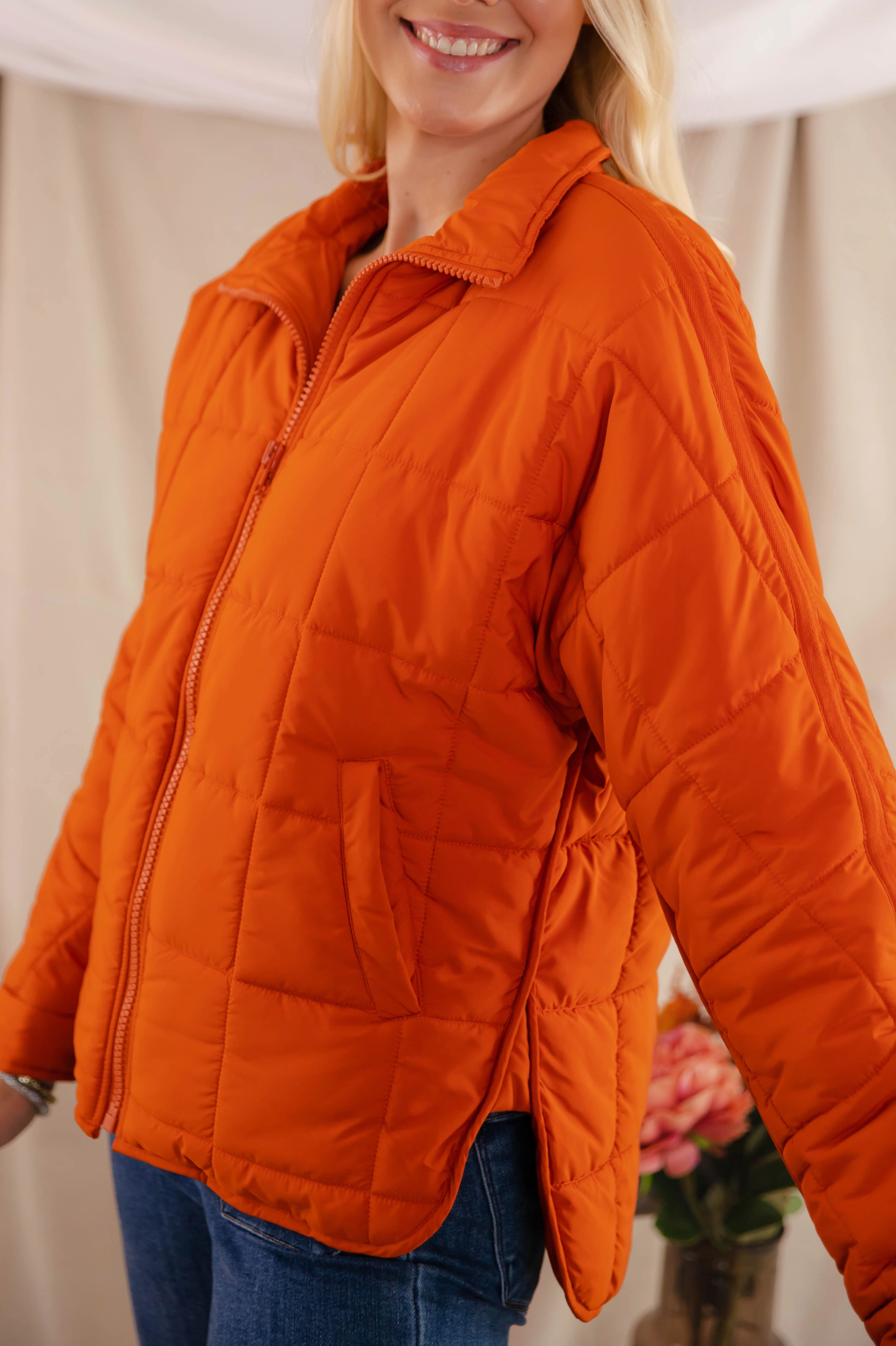 Don't Hesitate Puffer Jacket-Rust Multipanel Construction