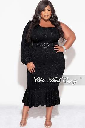 Sleeveless Tee Comfort Cushion Neckline Final Sale Plus Size Shimmer One Shoulder Midi Dress with Bottom Ruffle in Black