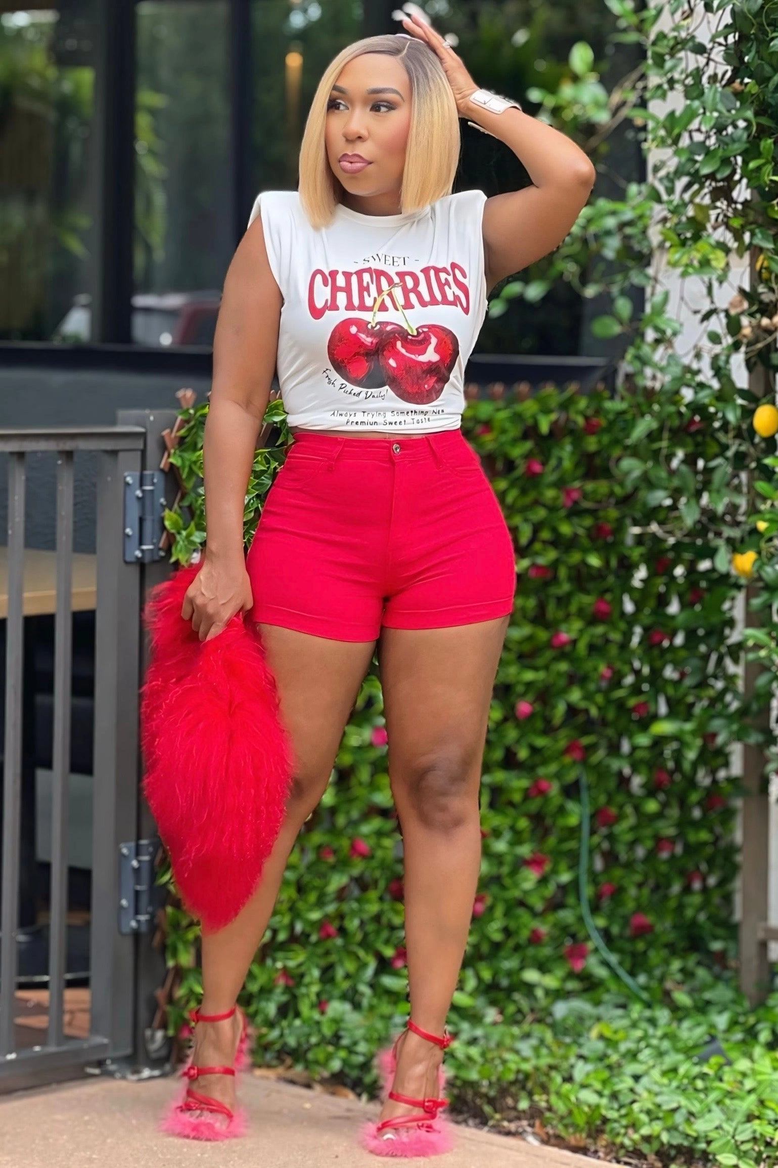 Kia CHERRY POP HIGH-WAIST DENIM SHORTS Sporty Appeal