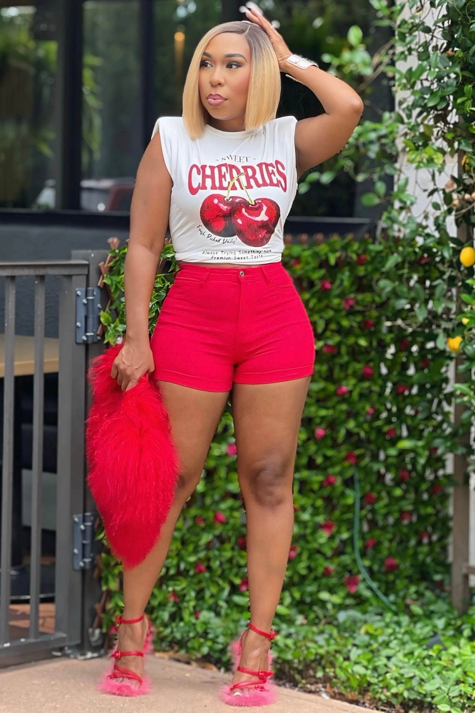 Temperature Regulating Fabric Secure Waistband Kia CHERRY POP HIGH-WAIST DENIM SHORTS