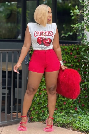 ReflectiveTrim FlexibleKnees Kia CHERRY POP HIGH-WAIST DENIM SHORTS