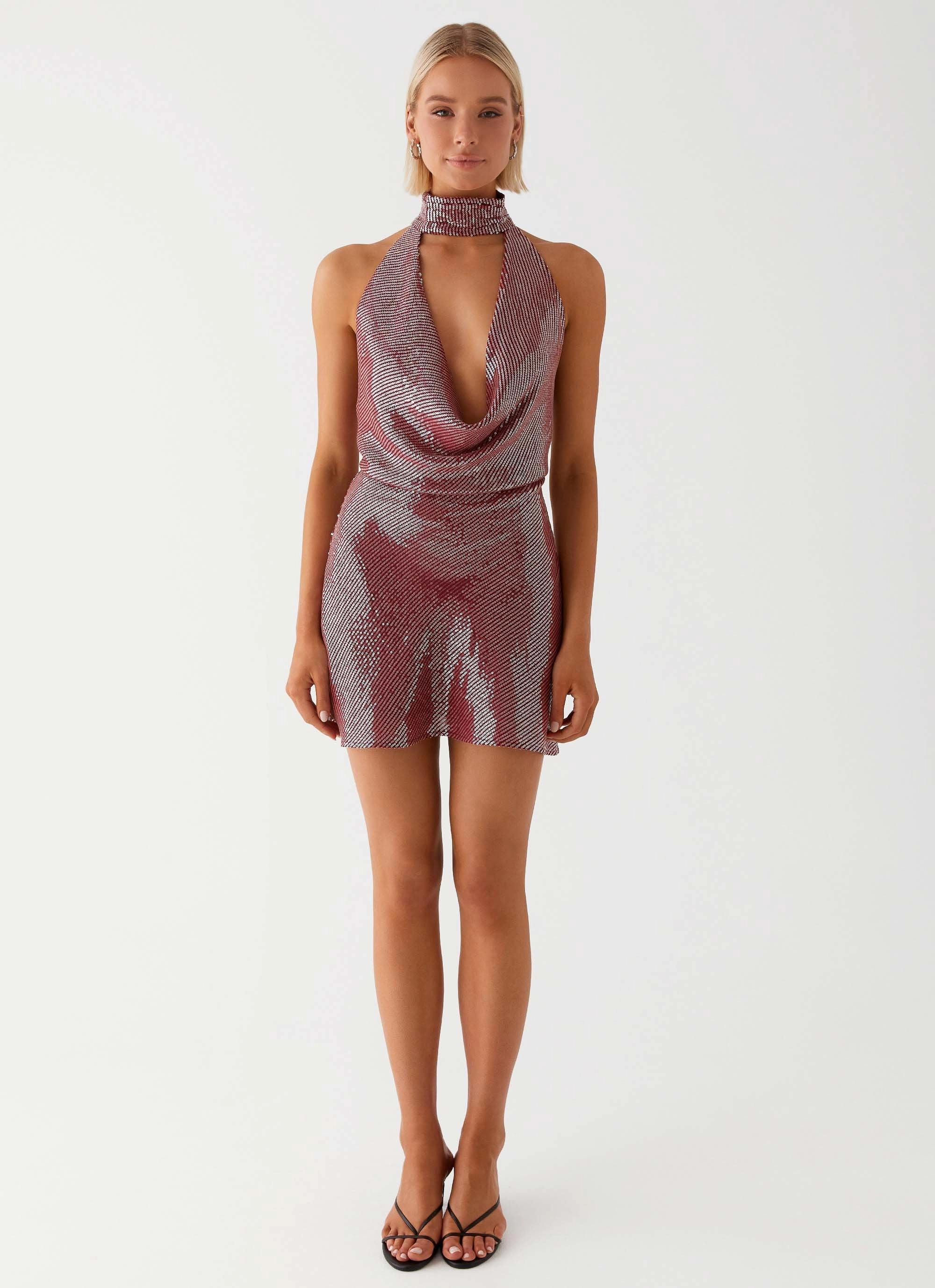 Stylish Waistband Fit Contrast-Lining Nora Sequin Cowl Neck Mini Dress - Red