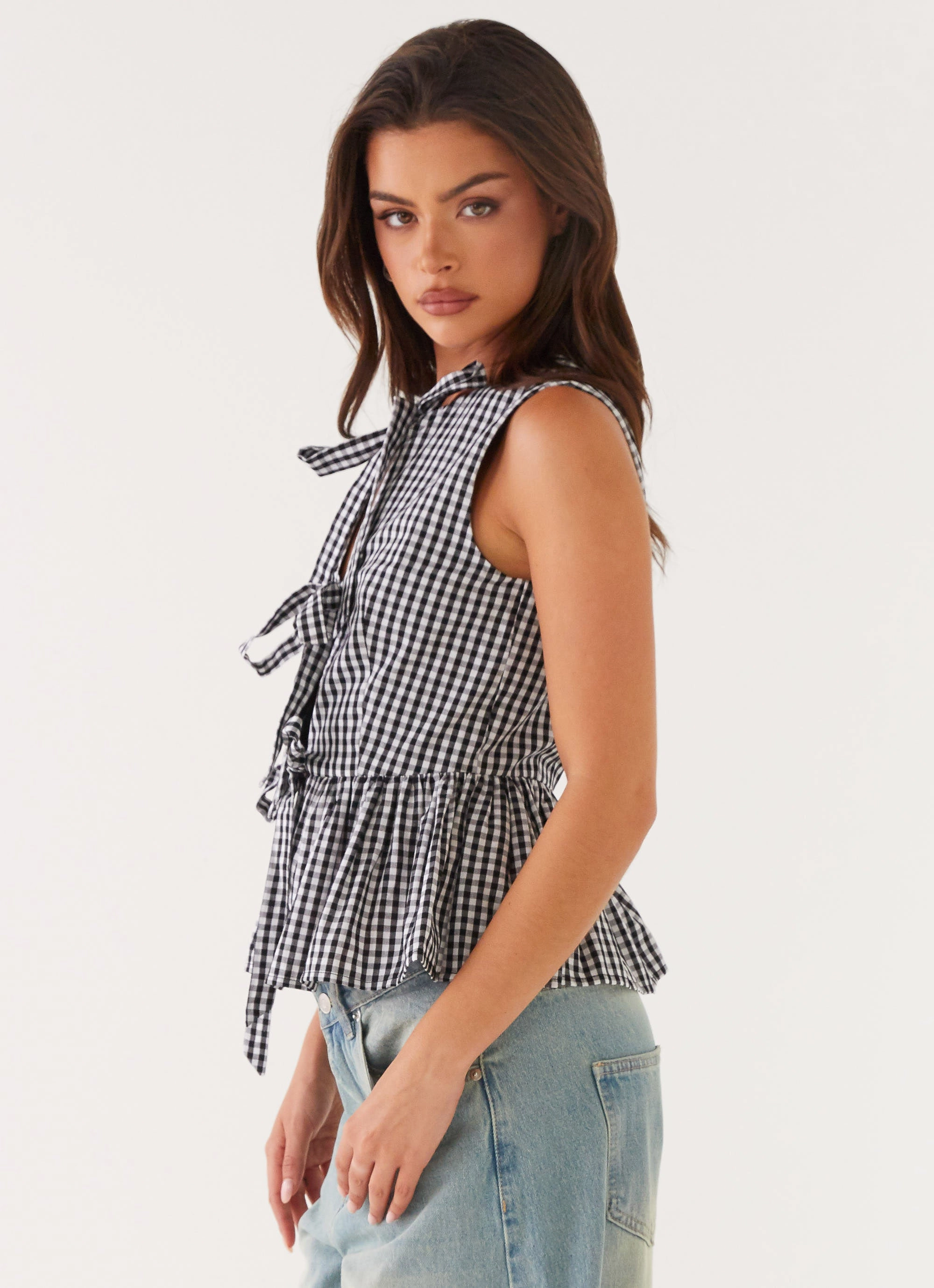 Recycled Polyester Fabric Flatlock Stitching Technique Cyrene Tie Top - Black Gingham