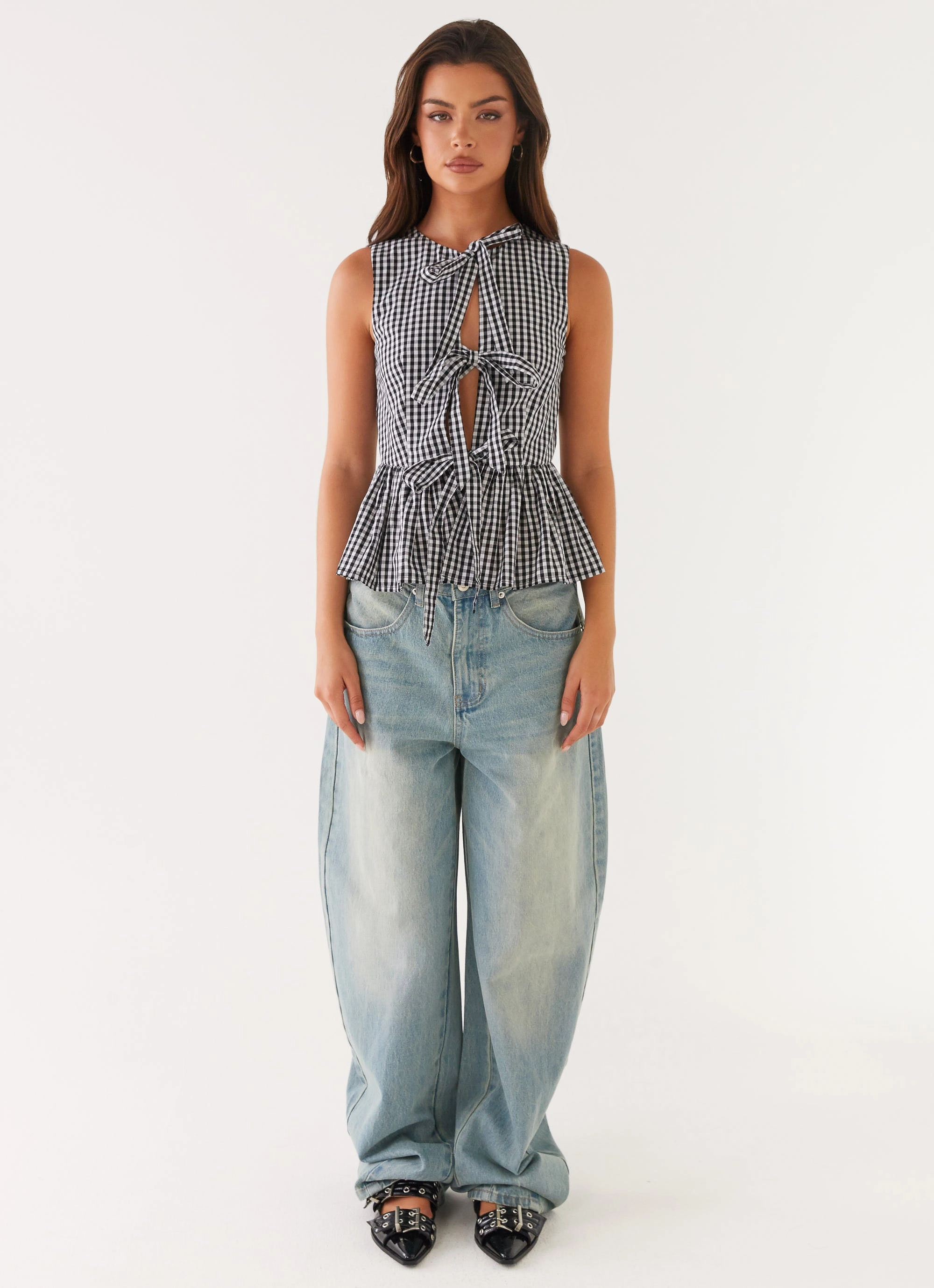 Denim Shirt Cyrene Tie Top - Black Gingham