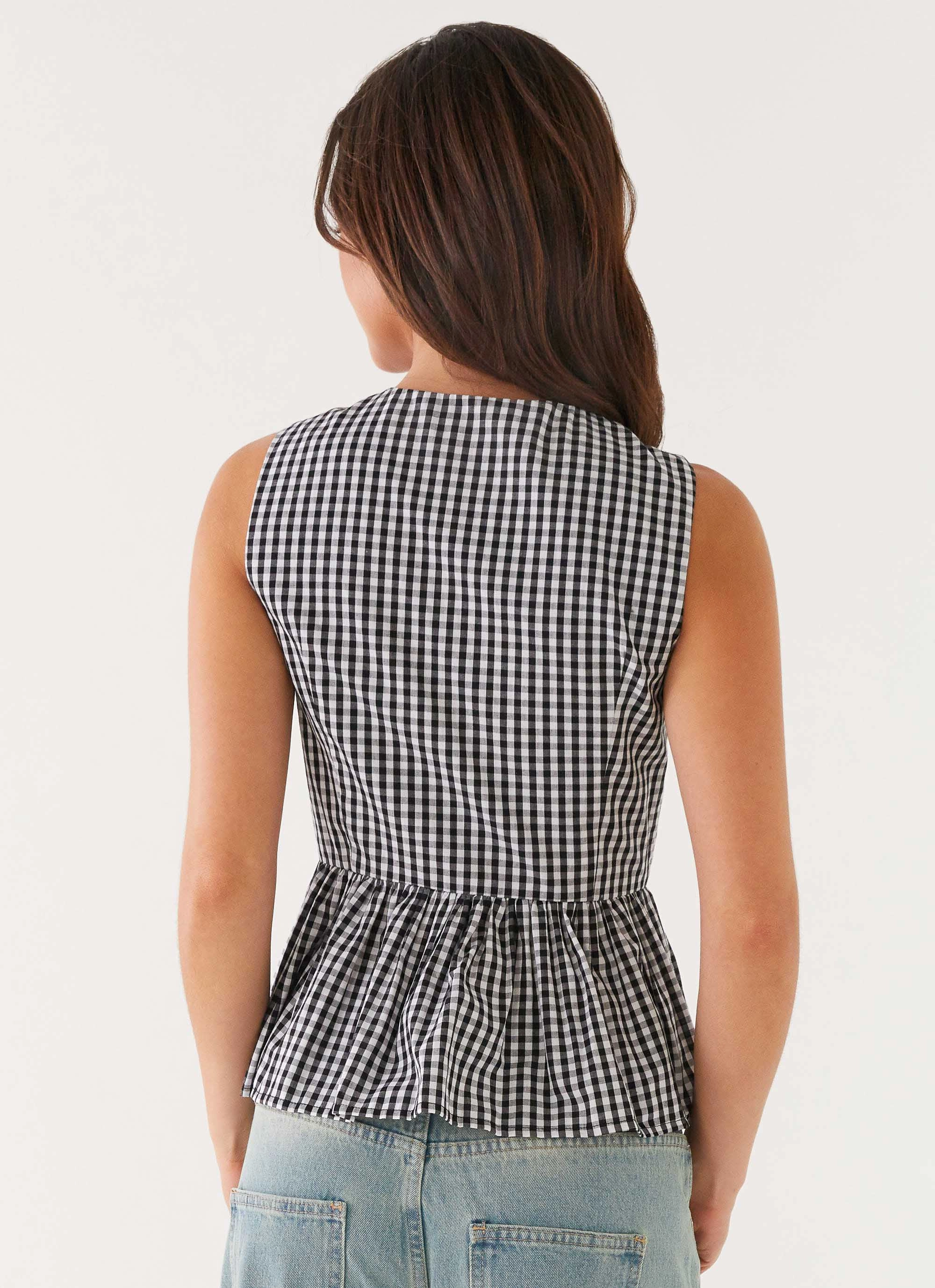 MeshLining FrictionFreeNeckline Cyrene Tie Top - Black Gingham