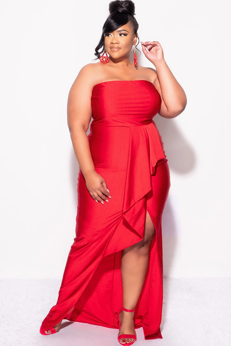 ShockAbsorbing Flowing Design Final Sale Plus Size Strapless Ruffle Dress with Slit in Red