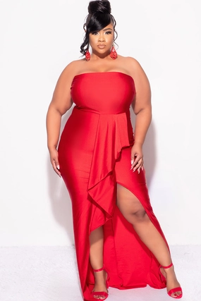 Microfiber Technology VentilatedArmholes Final Sale Plus Size Strapless Ruffle Dress with Slit in Red