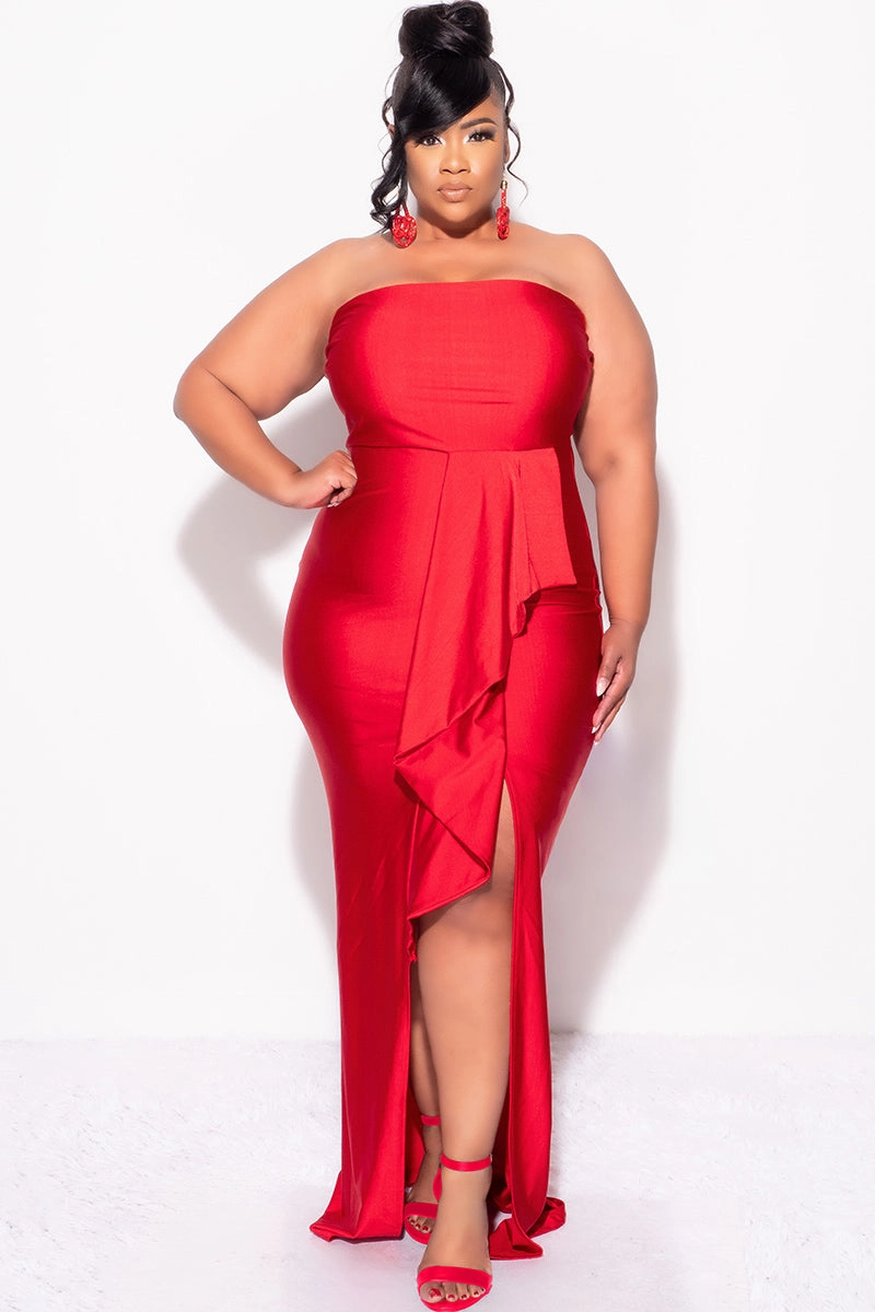 Final Sale Plus Size Strapless Ruffle Dress with Slit in Red Snag Resistant Fabric Relaxed Sweatshirt