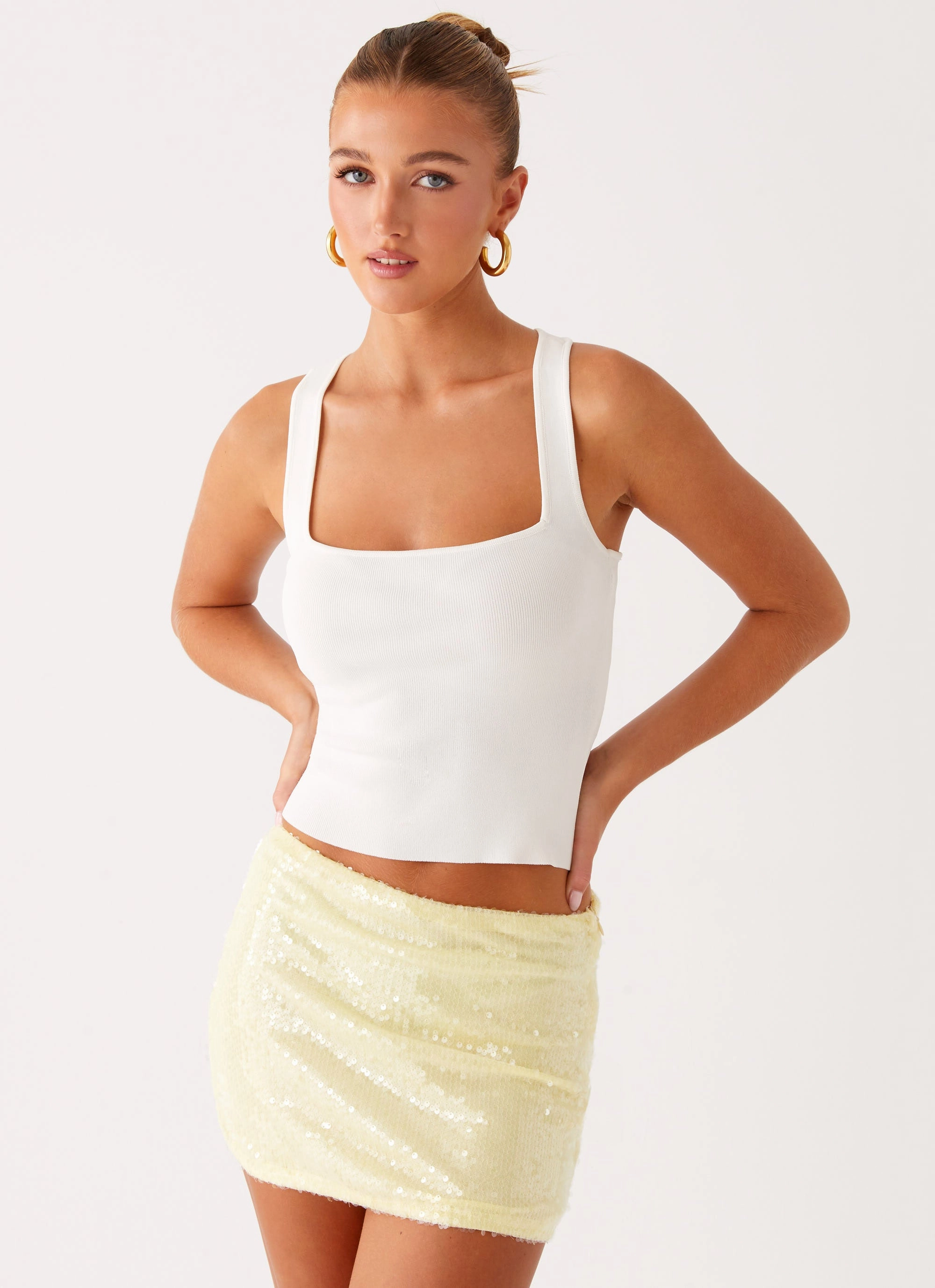 Quick Access Nostalgic Nights Sequin Mini Skirt - Lemon Spritz