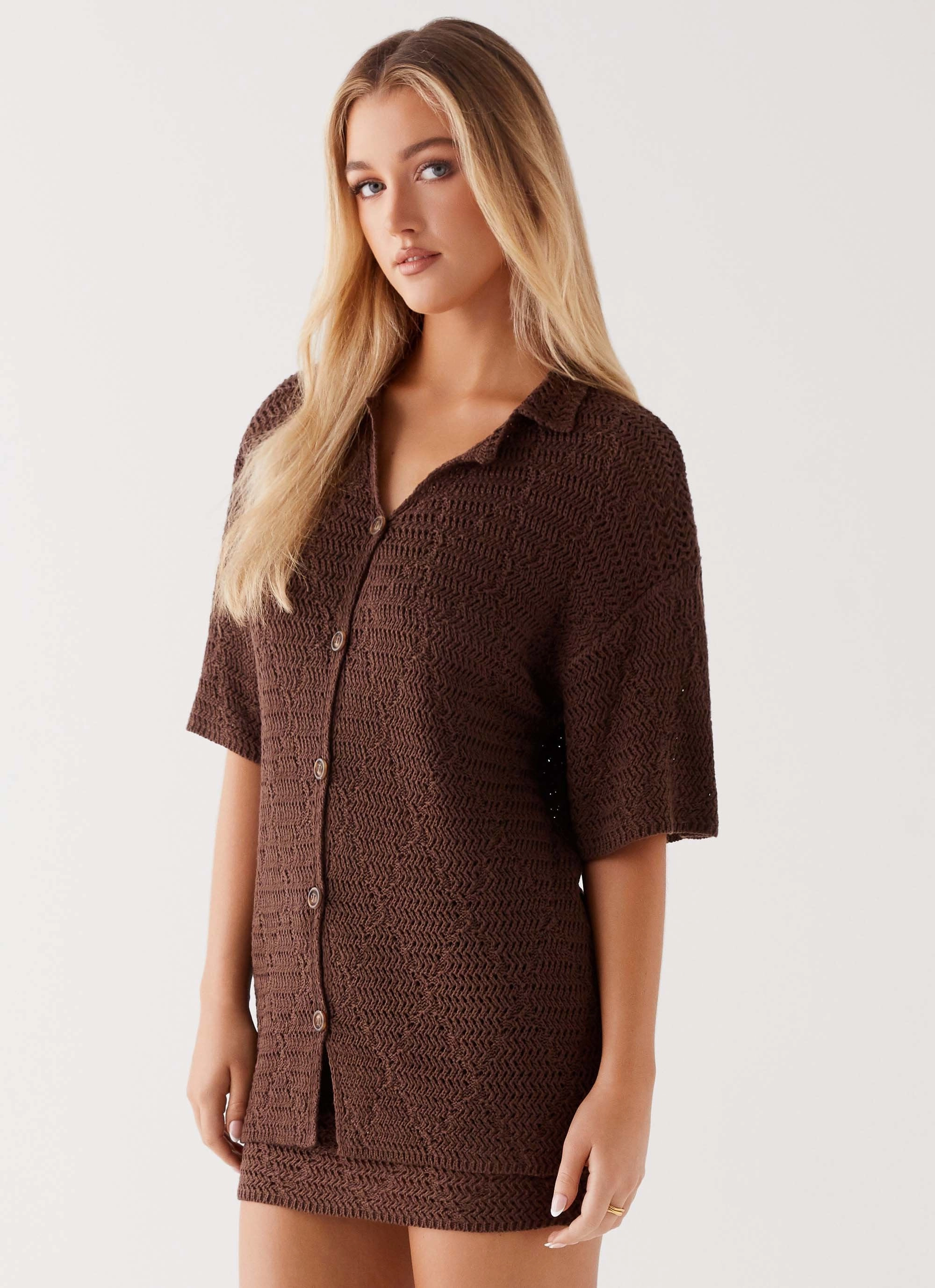 FlatlockSeams FourWayStretch Nylah Oversized Crochet Shirt - Chocolate