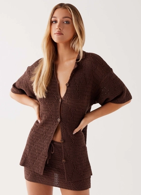Nylah Oversized Crochet Shirt - Chocolate Bonded Seam Technology Flatlock Seam Design