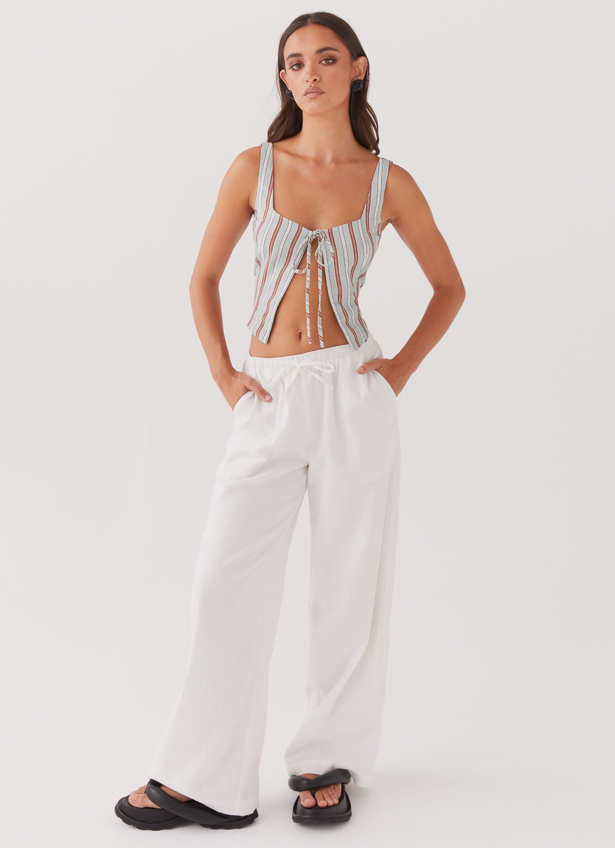 Oasis Dreams Linen Tie Top - Coastal Stripe Lightweight Knit Easy Care Material