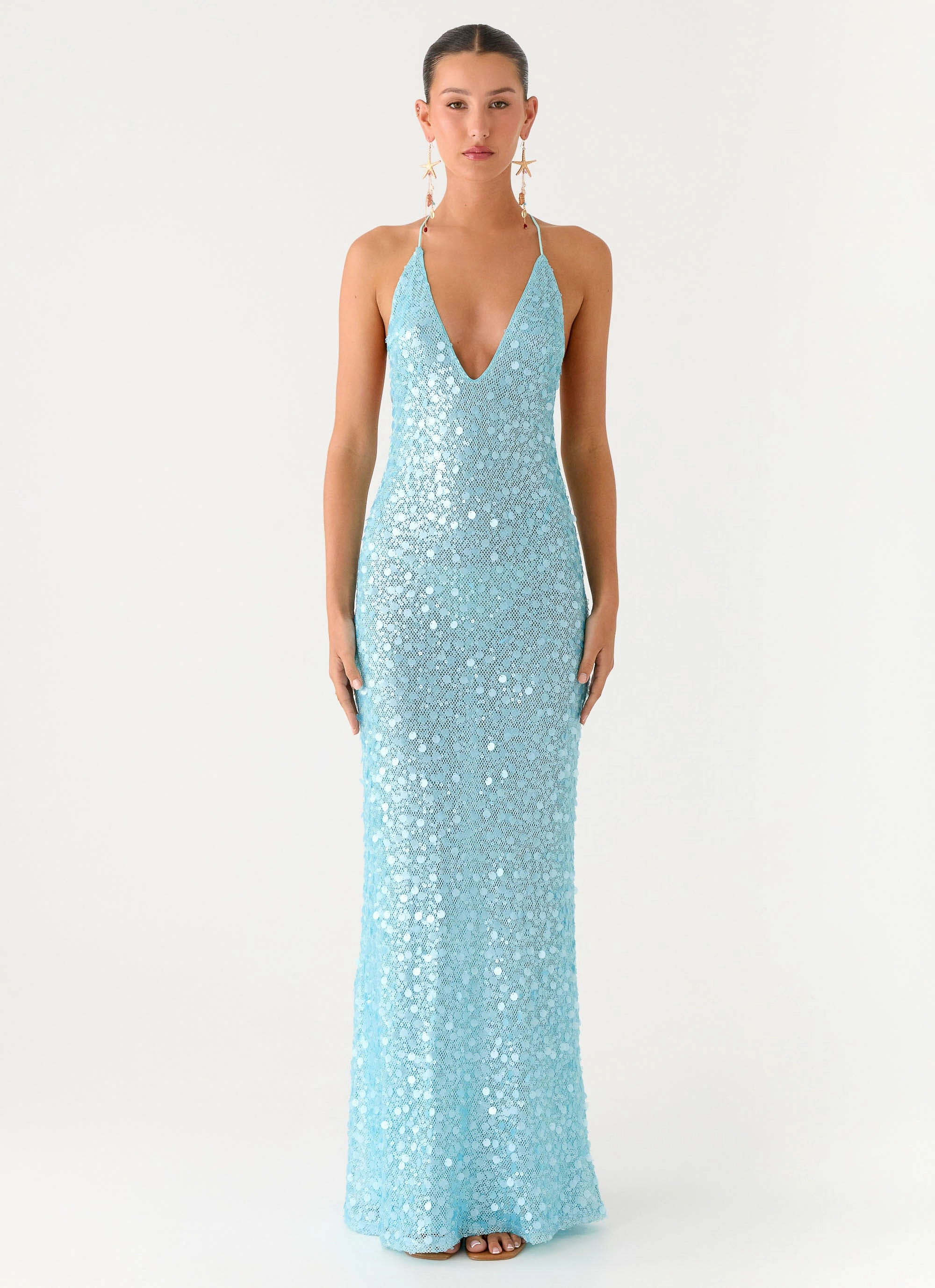 Sleek Tone Ocean Views Sequin Maxi Dress - Blue