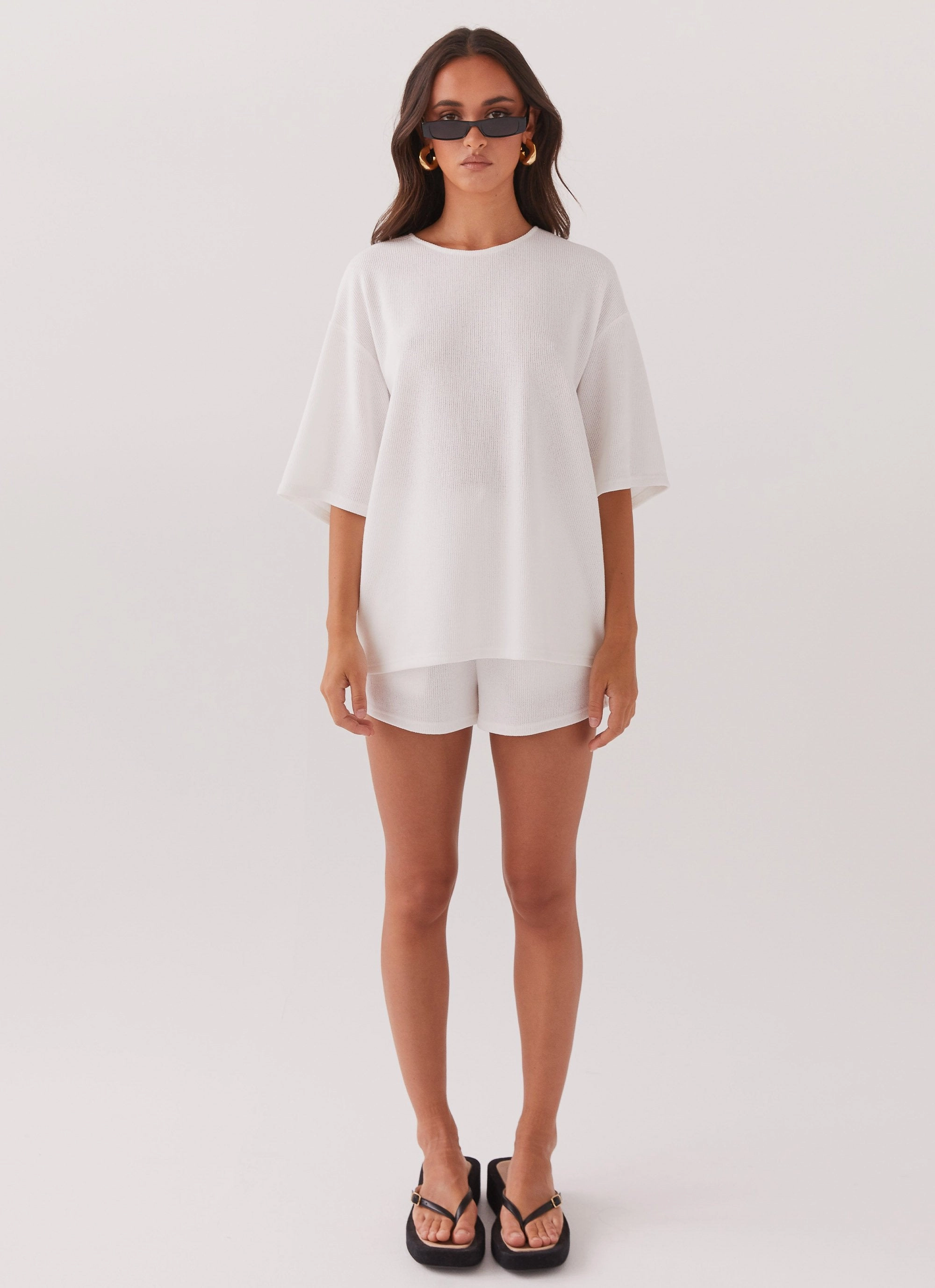 Plaid Print Ocean Waves Knit Shorts - White