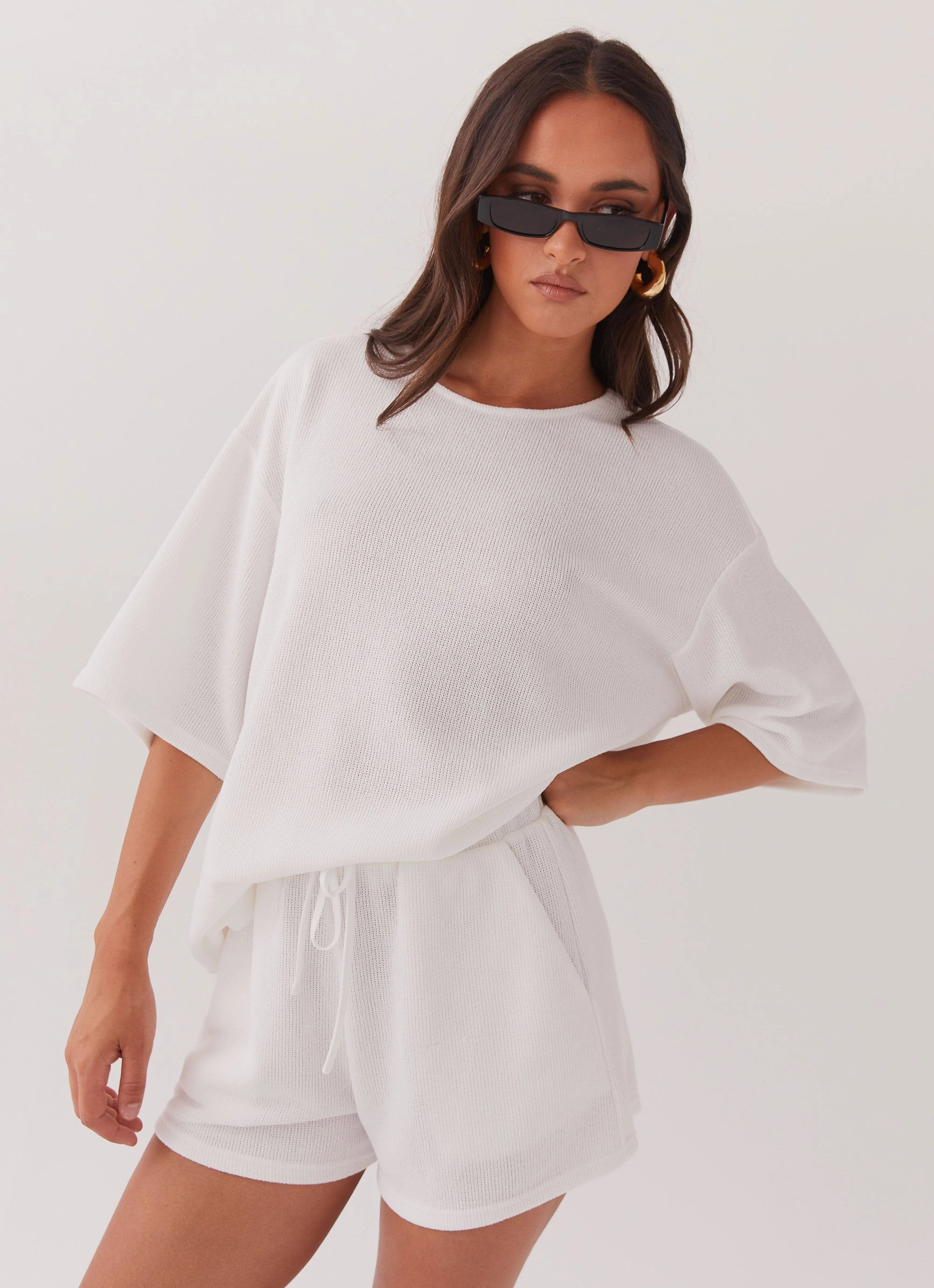 Utility Inspired Look Long Sleeve Ocean Waves Knit Shorts - White