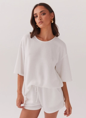 Ocean Waves Oversized Knit Tee - White Removable Hood